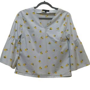 Banana Republic Graphic Print Bell Sleeve Cotton Shirt Womens XS Lemon Summer